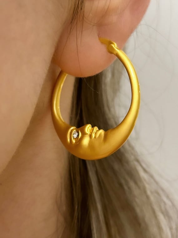 Moon Crescent Hoop Earrings, Gold Moon Hoops, Moon Face