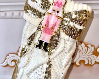 Pink Nutcracker Stocking, Nutcracker Christmas Stockings, White Knit Christmas Stockings, Bow Christmas Stocking, Sequin Christmas Stocking