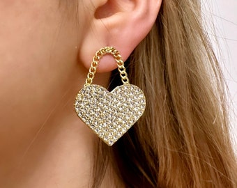 Boucles d'oreilles coeur pour la Saint-Valentin, boucles d'oreilles coeur en strass, boucles d'oreilles pendantes coeur en argent, boucles d'oreilles pendantes chaîne en or, boucles d'oreilles Vday, cadeaux Vday