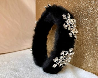 Black Faux Mink Fur Headband - Black Faux Fur Headbands With  display picture 3
