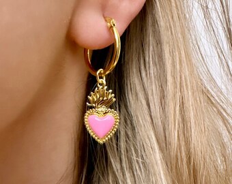 Pink Enamel Heart Earrings, Pink Heart Hoop Earrings, Heart Dangle Hoop Earrings, Sacred Heart Gold Earrings, Valentine's Hoop Earrings