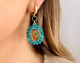Virgin Mary Earrings, Our Lady Of Guadalupe Earrings, Mexican Earrings, Religious Earrings, Catholic Earrings, Blue Statement Earrings