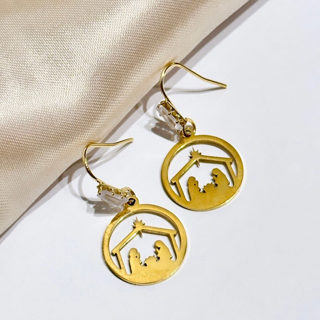 Christmas Nativity Earrings, Gold Nativity Earrings, Nativity Scene Earrings, Christmas Dangle
