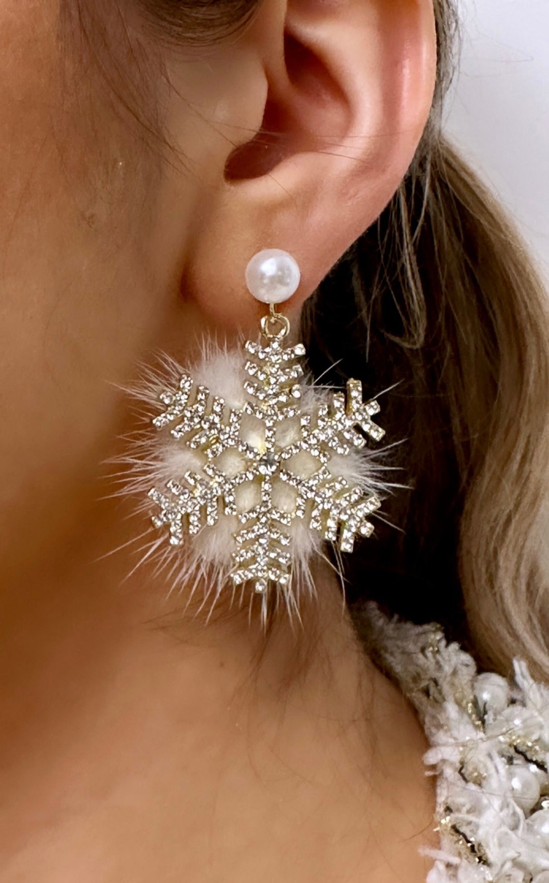 Large Snowflake Earrings, Acrylic Snowflake Earrings, Fuzzy Earrings, Rhinestone Snowflake