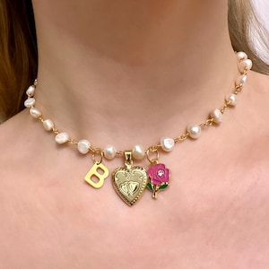 Collier médaillon de perles coeur, collier médaillon coeur avec lettre, médaillon coeur en or personnalisé, collier médaillon personnalisé, collier de la Saint-Valentin