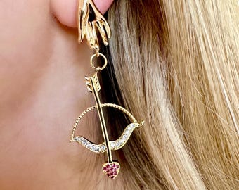 Bow Arrow Earrings, Gold Arrow Earrings, Cupid Earrings, Gold Hand Earrings, Gold Bow And Arrow, Cupid Bow And Arrow Pink