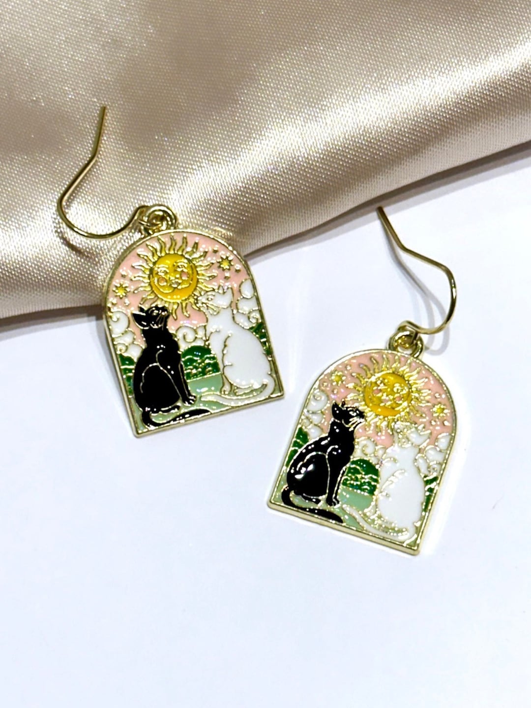 Black and White Cat Earrings, Tarot Cat Earrings, Valentine Cat