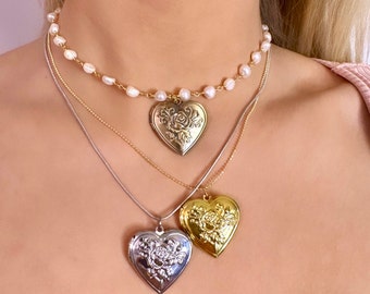 Gouden hart medaillon HALSKETTING, hart bloem medaillon, Valentijnsdag ketting, hart medaillon HALSKETTING met foto, antieke stijl ketting