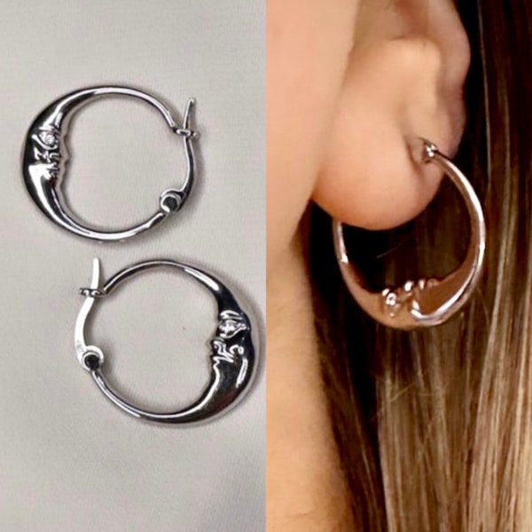 Moon Hoop Earrings, Silver Moon Earrings, Moon Hoops, Moon Goddess, Small Silver Hoops, Moon Huggie Earrings, Mini Hoop Earrings