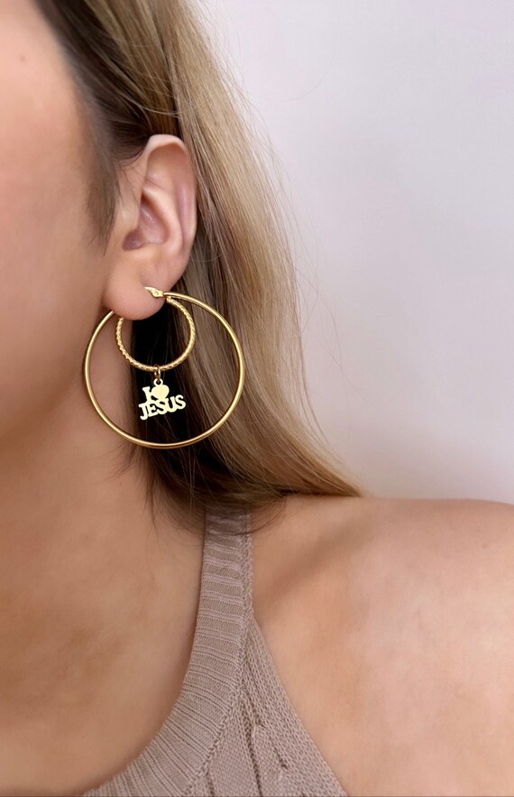 Jesus Earrings Double Hoop Earrings Gold Love Jesus Valentines