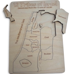 Puede incluir: Un rompecabezas de madera clara con un mapa titulado 12 Tribes of Israel, Descended from the 12 sons of Jacob. El mapa presenta etiquetas grabadas para el mar Mediterráneo, el mar Muerto y los territorios tribales, incluyendo Neftalí, Manasés, Aser, Zabulón, Isacar, Gad, Dan, Efraín, Benjamín, Judá, Simeón y Rubén.
