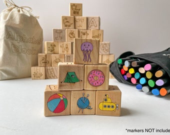 Alphabet Blocks | Color-Your-Own Alphabet Blocks | Wooden Alphabet Blocks | Kids Blocks | Engraved 6 Sides | Baby Shower Activity