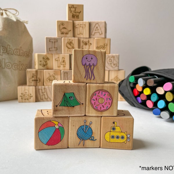 Alphabet Blocks | Color-Your-Own Alphabet Blocks | Wooden Alphabet Blocks | Kids Blocks | Engraved 6 Sides | Baby Shower Activity