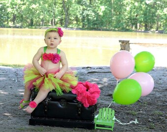 Two piece tutu set, Green and pink tutu with headband and Top, Raspberry pink and Lime Green tutu set, tutu Photo Prop, 6-12 Month to 2T/3T