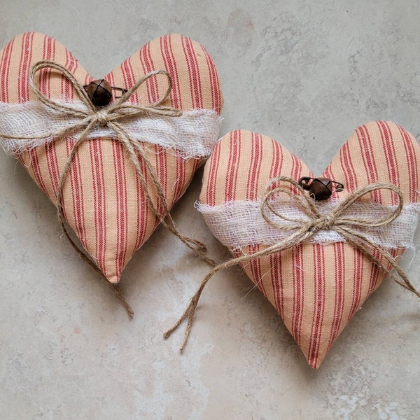 Primitive Bowl Filler Ornies Hearts Accents Tier Tray Decor Red Cream Stripe Ticking Homespun Fabric approx 5"x 6" Hearts Pin & Bell 2 pcs