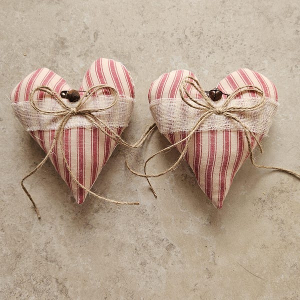 Primitive Bowl Filler Ornies Hearts Accents Tier Tray Decor Stripe Ticking Homespun Fabric approx 4.5"x 5.5" Hearts, Pin & Bell 2 pc set