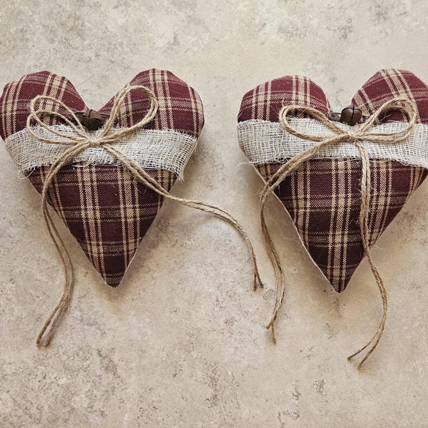 Primitive Bowl Filler Hearts Accents Tier Tray Decor Plaid Ticking Homespun Fabric Approx 5"x 5.5" Hearts, Pin & Bell 2 pc set Ornies