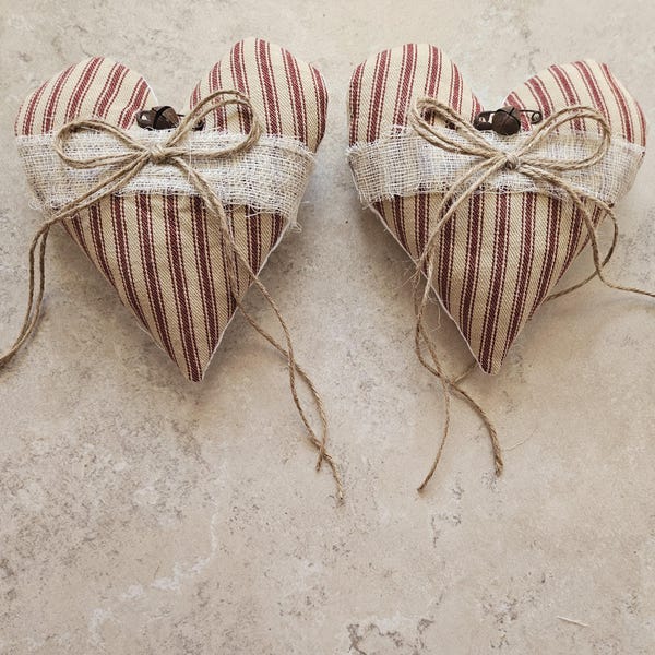 Primitive Bowl Filler Hearts Accents Tier Tray Decor Stripe Ticking Homespun Fabric Approx 5"x 5.5" Hearts, Pin & Bell 2 pc set Ornies