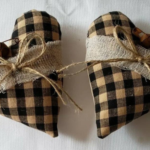 Primitive Bowl Filler Ornies Hearts Accents Tier Tray Decor Black Tan Plaid Check Fabric approx 5.5"x 6" Hearts Pin & Bell