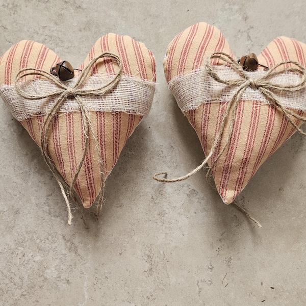 Primitive Bowl Filler Ornies Hearts Accents Tier Tray Decor Stripe Ticking Homespun Fabric approx 5"x 5.5" Hearts, Pin & Bell 2 pc set
