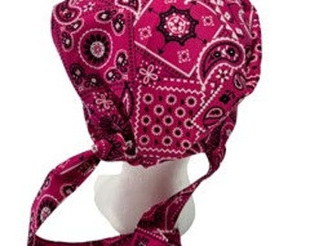 Gorro quirúrgico unisex con bandana rosa, hecho a mano en un hogar libre de humo.
