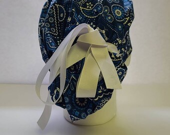 Blue Bandana Bouffant, Cotton, CRNA, Made in USA, smoke free