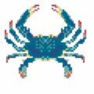 Puede incluir: Imagen pixelada de un cangrejo azul sobre fondo blanco. El cangrejo presenta un diseño detallado con varios tonos de azul y detalles rojos en sus pinzas y patas. El cuerpo del cangrejo está formado por pequeños píxeles texturizados.