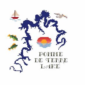 May include: Pixelated illustration of Pomme de Terre Lake with a sailboat, seagull, fish, and sunset. The lake is depicted in blue, with a red and white sailboat, a gray seagull, and two green and yellow fish. The text "Pomme de Terre Lake" is below the lake.
