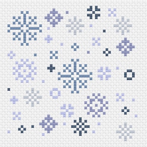 May include: A white background with a pattern of blue and purple snowflakes. The snowflakes are of different sizes and are scattered randomly across the background.