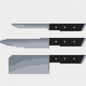 May include: Three kitchen knives with black handles and silver blades. The knives are arranged vertically, with the largest knife at the bottom and the smallest knife at the top.
