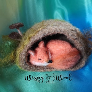 Sleeping fox in her den, Den with moss and mushrooms, Needle felted fox