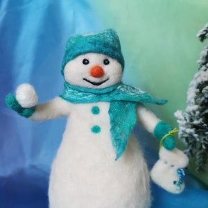 Needle felted snowman, with a hat and a scarf