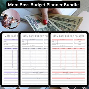 May include: Three printable budget planner pages with the title "Mom Boss Budget Planner Bundle". The pages are designed for tracking income, expenses, and monthly summaries. The pages are in a light pink and purple color scheme.