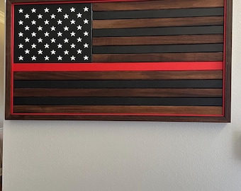 Handcrafted Walnut Wood Thin Red Line Flag - Firefighter Gift (38x20)