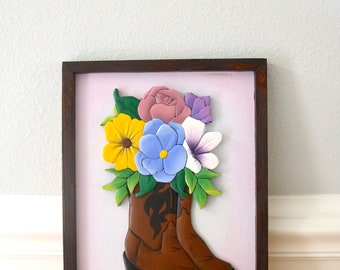 Cowgirl Boots wall art, cowgirl boots with flowers, cowboy boots, 3d wood art, flowers in boots, Western art, boho decor, rustic wall art,