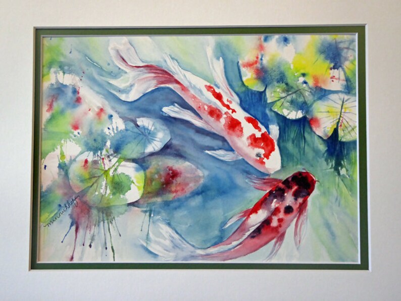 May include: Watercolor painting of three koi fish swimming in a pond with lily pads. The fish are red, white, and black with splashes of color in the background.