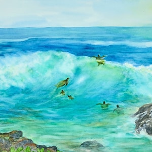 May include: A watercolor painting of a group of sea turtles swimming in a turquoise ocean wave. The turtles are swimming towards a rocky shore.