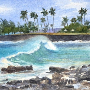 May include: A watercolor painting of a tropical beach scene with palm trees, a rocky shore, and a crashing wave. The water is a vibrant blue and green, and the sky is a light blue.