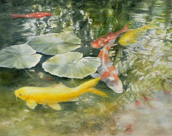 Koi Fish Pond Painting Matted Art Print