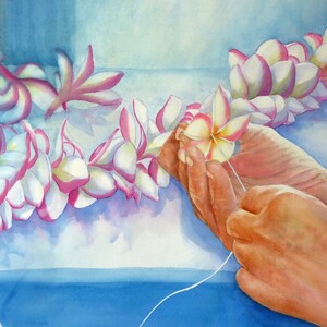 May include: A watercolor painting of hands stringing a lei of pink and white plumeria flowers.