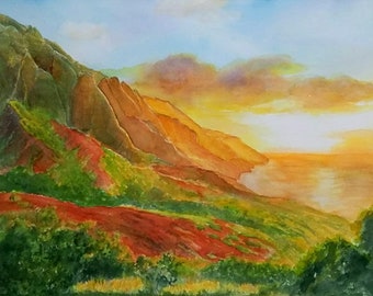 Na Pali Coast Sunset Painting Matted Art Print