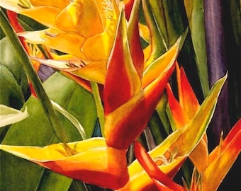 Vertical Heliconia Painting Matted Tropical Art Print