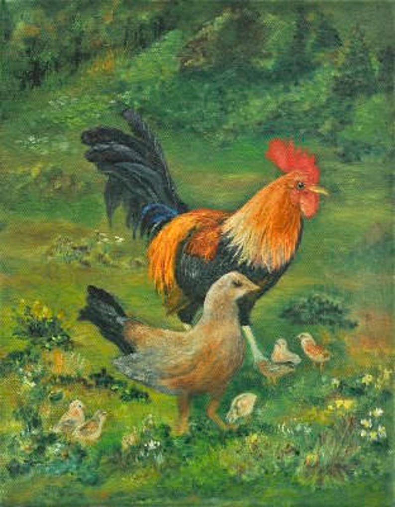 May include: A rooster with a red comb and a brown, black, and white patterned body stands in a grassy field with a smaller bird. The rooster is looking to the right and the smaller bird is looking to the left. There are several other small birds in the background.