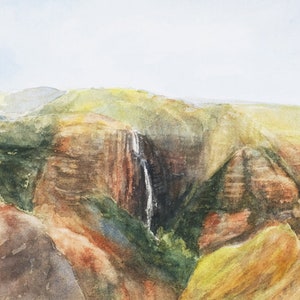 May include: Watercolor painting of a waterfall cascading down a rocky cliff face. The cliff is a mix of brown, green, and yellow hues, creating a layered effect. The sky is a light blue with white clouds.
