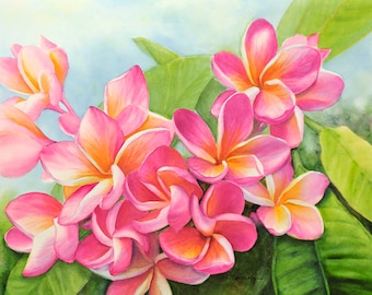 May include: A watercolor painting of pink and white plumeria flowers with green leaves. The flowers are in bloom and have a delicate, tropical feel.