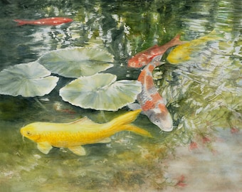 May include: A watercolor painting of four koi fish swimming in a pond. The fish are orange, red, and yellow. There are lily pads in the pond.