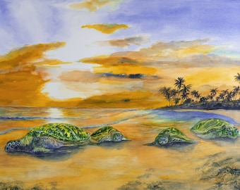 Turtle Honu Painting 5x7 Matted Art Print