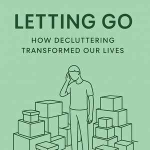 May include: A green illustration with the text "LETTING GO" and "HOW DECLUTTERING TRANSFORMED OUR LIVES." A person stands beside stacks of boxes. The image has a minimalist design, with green lines on a light green background.