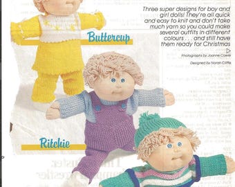 Patrón de tejido para muñeca Cabbage Patch, tres conjuntos, revista Family Circle, 1986, vintage