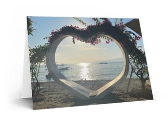 10 tarjetas de felicitación plegadas con silueta de corazón al atardecer, en blanco, personalizables, con foto original, para toda ocasión.